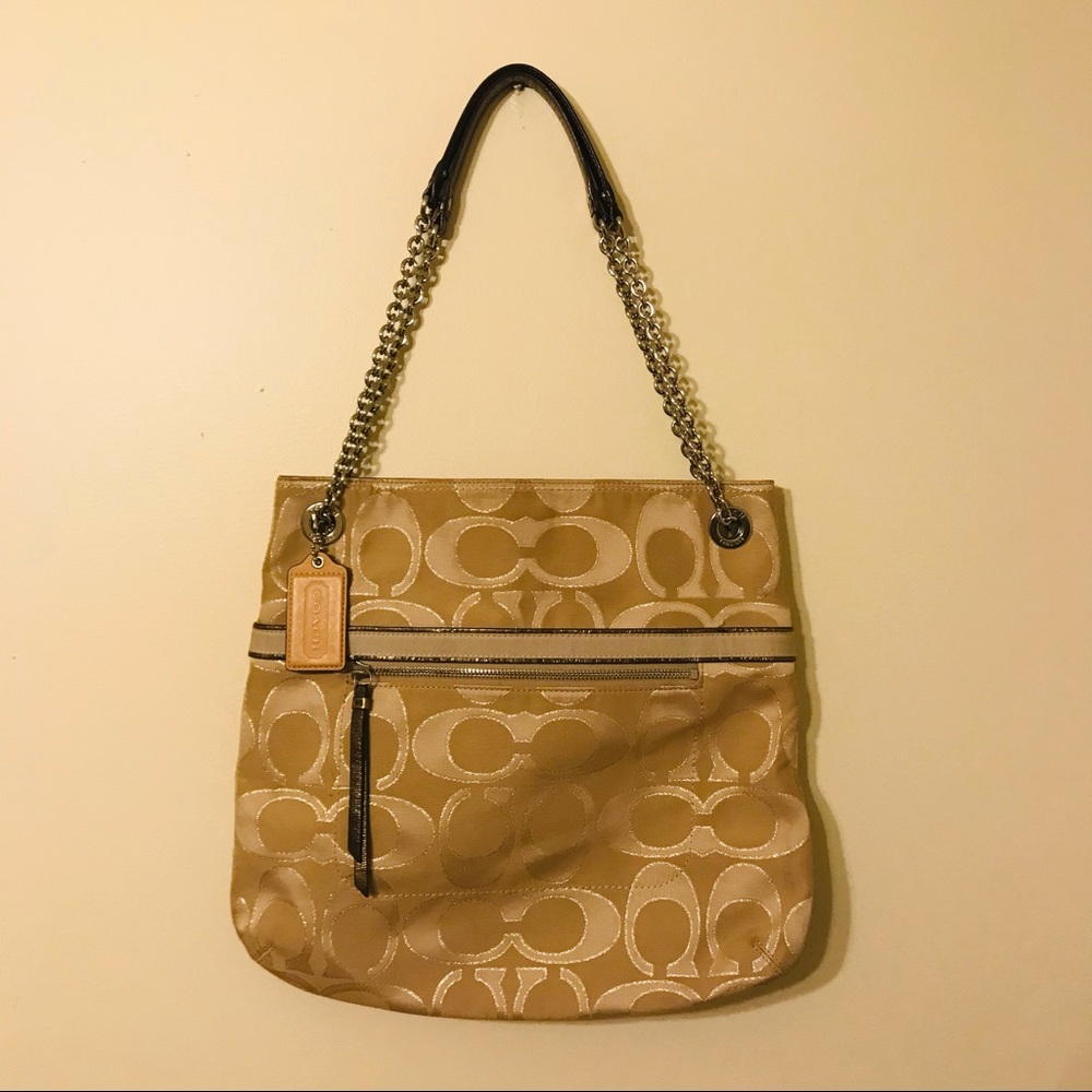 Coach Poppy Signature Metallic Jacquard Khaki Chain Purse Tote Bag - Picture 6 of 11